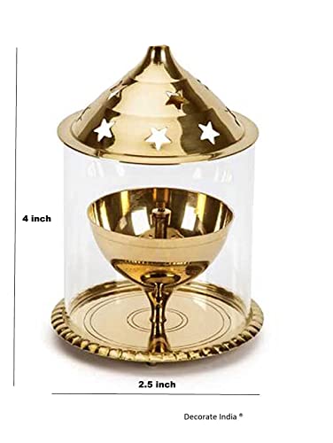 Decorate India � Brass Medium Akhand Diya Molded Glass with Boroslicate Glass (12 cm Height)