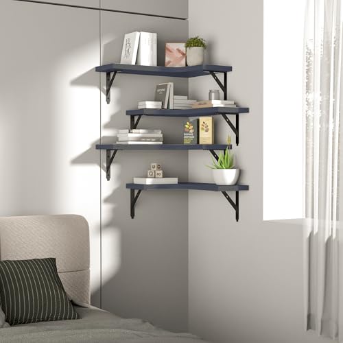 Image of ROMGUAR CRAFT Corner Floating Shelves Wall Mounted Set of 4, Rustic Wood Storage Display Shelves for Home Decor, Bathroom, Kitchen, Bedroom, Living Room, Office (Grey)