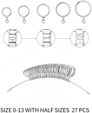 Bflaae Ring Sizer 측정 도구 키트, 스테인리스 스틸 계량 링 도구 27개, 반 사이즈 미국 반지 사이즈 0-13, 반 사이즈, 재사용 가능한 손가락 사이즈 테이프 2개, 확대경 포함 1-17 미국 반지 사이즈 — 사진 2