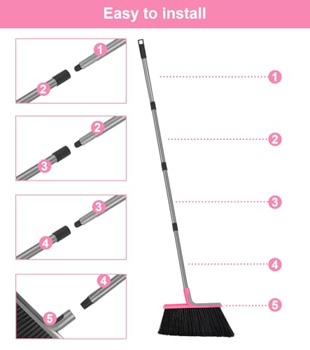 Image of KeFanta Heavy Duty Outdoor Broom with 54.7 inch Long Handle, Pink