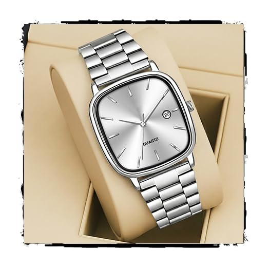 Image of Acnos Luxury Square Dial Quartz Watch for Men & Women - Stainless Steel Bracelet, Minimalist Analog Wristwatch with Date Window Pack of 1