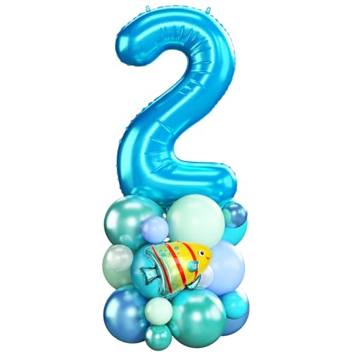 Image of Blue Number 2 Balloon 40 Inch Ocean Under the Sea Number Two Foil Balloons Tower with Shark Bubble Fish for Boys Second 2nd Birthday Party Decor Green Underwater Digital Aluminum Balloons Stack