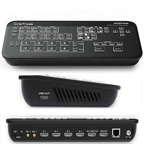 CINETREGK Mixeur Mini commutateur FHO en Direct 1080P60, FHD 4-CH HDMI USB 3.0 FHD Capture vidéo pour OBS One Click on Air pour Facebook Youtube Instagram TIK tok, etc.