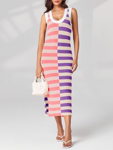 Image of Wenrine Womens Summer Striped Dress Sleeveless Knitted Contrast Color Side Slit Casual Maxi Beach Dress