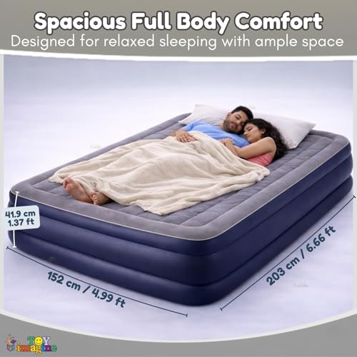 Image of Toy Imagine Inflatable Queen Air Bed with Electric Pump 6.66ft L x 5ft B Comfortable Raised Air Mattress for Guests, Indoor Use, Travel & Camping | Soft Flocked Surface