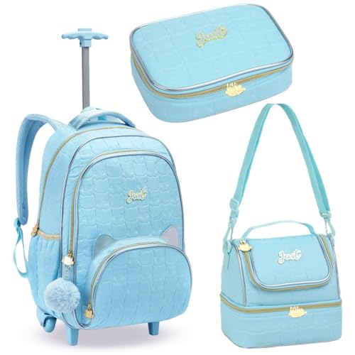 Kit Material Escolar Teen Feminino, Mochila de Rodas + Lancheira Térmica + Estojo, para Meninas (Azul)