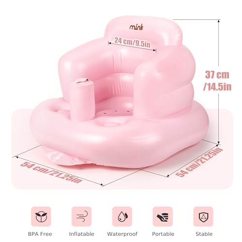 Image of Mink Inflatable Baby Seat for Babies 3 Months & Up, Blow Up Floor Baby Chair with Back Support, Fence & Built-in Air Pump, Sit Me Up Inflatable Chair for Sit Training, Feeding, Travel (Pink)