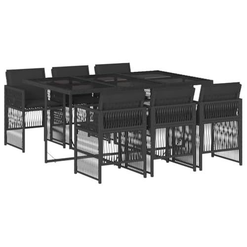QJBSAVVA Salon de jardin 7 pièces avec coussins noirs – Salon de jardin en rotin synthétique avec table en verre et 6 chaises de jardin, cube peu...