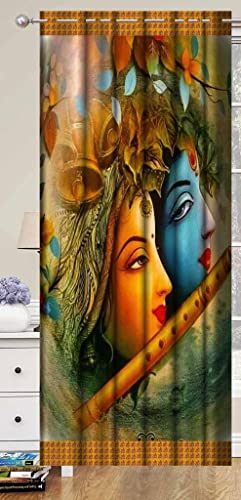 Image of Heavy Premium Fabric Krishna Radha Flute God Design Curtains for Pooja Room, Temple, Home, 4x9 feet Long Curtains Set of 2 Pc