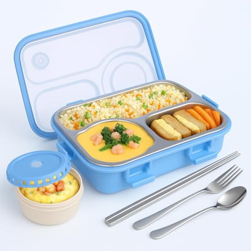 Image of Sanghariyat Lunch Box 3 Compartment Out Side-Leak-Proof BPA Free Stainless Steel, Lunch Box for Kids, Lunch Box for School & Office with a Fork, a Spoon and a Pair of Chopsticks 750 ml(Blue)