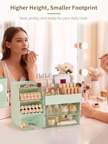 Image of Booklov Makeup Organizer for Vanity, Countertop Cosmetic Display Case with Clear Acrylic Drawers, Bathroom Counter Beauty Caddy, Cute Table Storage Holder for Skincare, Brush Lipsticks, Crystal Green