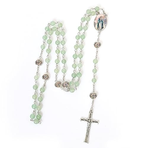 Nazareth Store Natural Stone Beads with Miraculous Epoxy Heart Metal Beads Rosary Necklace Gemstone Christian Gifts2