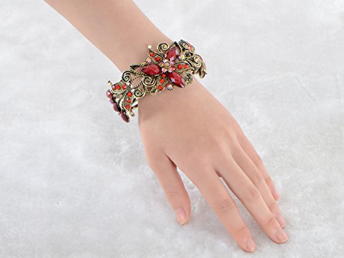Alilang Womens Antique Golden Tone Red Rhinestone Floral Lily Poinsettia Flower Bangle Cuff Bracelet #TOP5