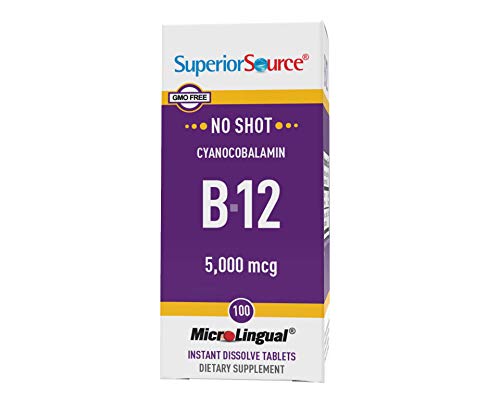 Superior Source No Shot Vitamin B12 Cyanocobalamin 5000 mcg, Quick Dissolve Sublingual Tablets 100 Count, B12 Supplement to Increase Metabolism and Energy Production, Nervous System Support, Non-GMO