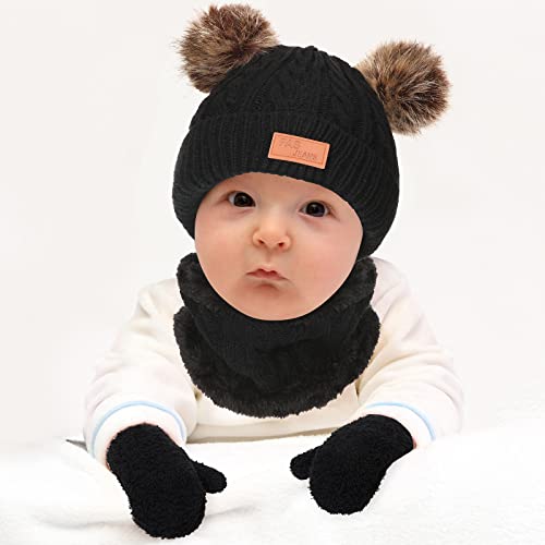 Satinior 6 Pieces Infant Toddler Beanie Woolen Hat Winter Twist Double Pom Pom Wool Knitted Cap Mittens Gloves Warmer Circle Loop Scarf For Girls Boys, Multicolor, One Size #TOP5