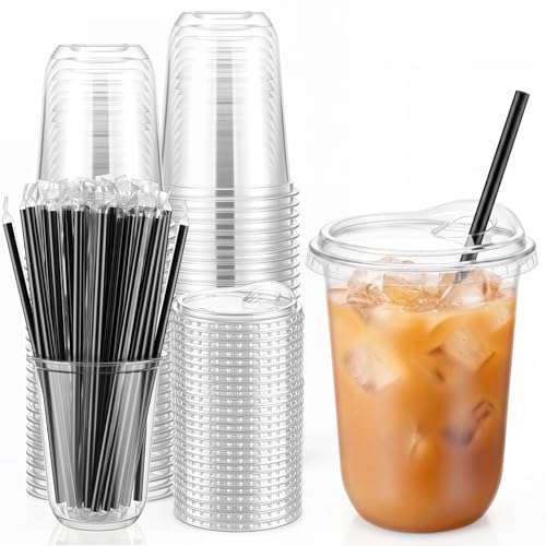 Baderke 50 Pack 16oz Clear Plastic Cups with Lids and Straws,Black Straw