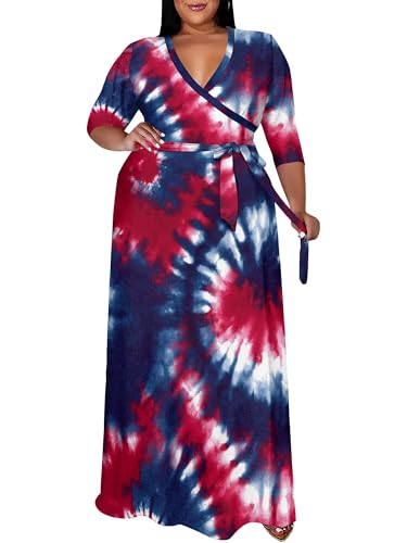 Image of SUZONANA Plus Size Maxi Dresses for Curcy Women Casual Loose 3 /4 Sleeve Long Dress with Belt