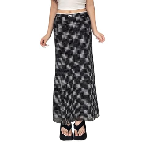 Black Polka Dot Skirt Bow A Line Lace Trim Slim Fit Elegant Wrap Midi Summer Casual Streetwear Skirt