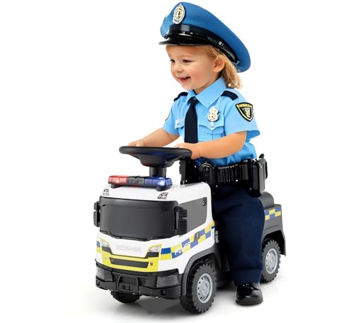Licensed Scania Ride on Push Car by INFANS with 3 Sound Effects, Storage, Toddler Sliding Police Truck, White