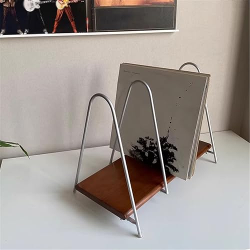 Portadiscos de vinilo de escritorio y estante expositor de madera con metal 4