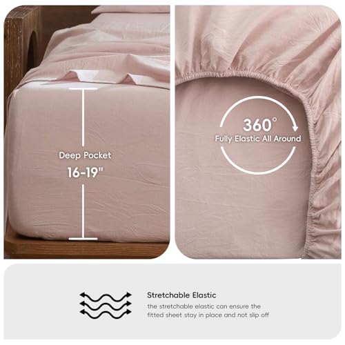 Image of MooMee Sheet Set 100% Washed Cotton Linen-Like Extra Deep Pocket King | Relaxed Linen-like Texture. Soft, Breathable & Lightweight Comfort. 15-19 inch Extra Deep Pocket with All-around Elastic