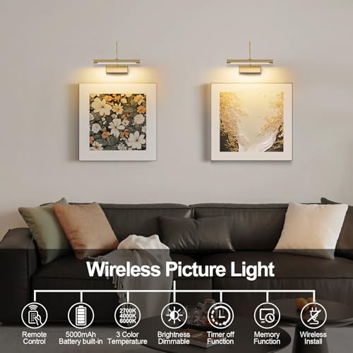 Image of Wireless LED Picture Light, Coredless Art Lighting for Wall, Brass Battery Frame Light with Remote, 3 Color Tone & Dimmable,12 inch Wall Decor Light for Art Display,Hallway,Study Room