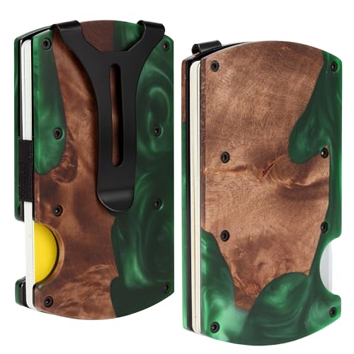 Image of Minimalist Wallet for Men, Slim Metal RFID Blocking Wallet Credit Card Holder Money Clip & Cash Strap, Scratch-Resistant Holds 15 Cards,Ideal Gift for Men | Resin Wood, Unique Pattern,Green