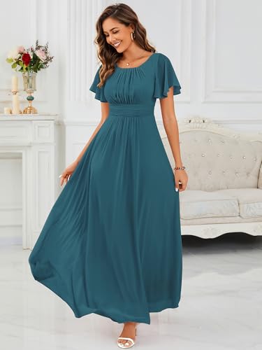 Image of Ever-Pretty Women's Spring Elegant Round Neck Short Sleeve Chiffon Empire Waist Floor Length Formal Dresses Bridesmaid Dress