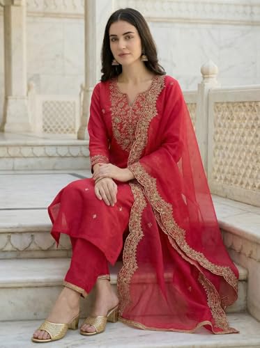 Image of INDO ERA Women's Embroidered Viscose Rayon Straight Kurta Pant with Dupatta Set