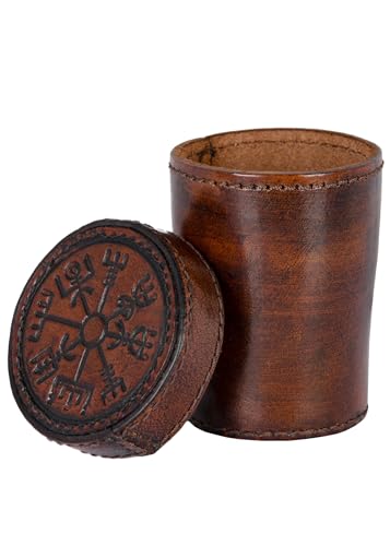 Ulfberth - Viking dice Cup with Embossed Motif - Genuine Leather - Medieval Leather Cup with Engraving (with lid, Vegvisir Embossing, Brown)