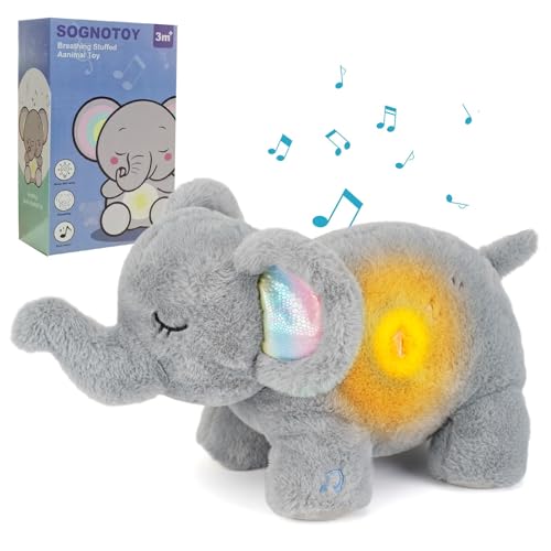Faune Relaxant Peluche qui Respire, Les éléphants Endormis Veilleuse Bébé Musicale et Lumineuse avec Bruit Blanc, Cadeau de Naissance pour Fille et Garçon...