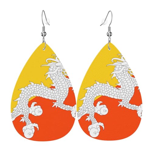 Boucles d'oreilles pendantes en cuir avec motif drapeau du Royaume du Bhoutan en forme de larme, bijou accrocheur, idée cadeau de vacances pour elle, taille unique, cuir, sans pierre précieuse, taille