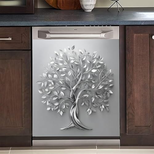 Image of BVBOX Dishwasher Magnet Cover 23 inchx26 inch, Reusable Magnetic Refrigerator Covers, Decorative Magnets Cover Fridge Door Skin Panel Stickers for Home Kitchen Appliance (Silver Tree of Life, 23 inchx26 inch)