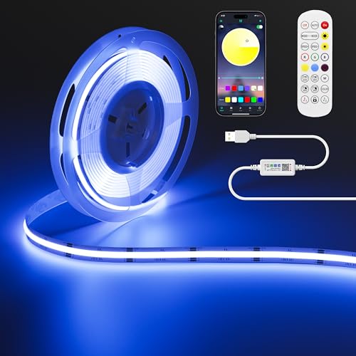 OULARA USB RGB COB LED Strip 5V 1M Colour Changing LED Strip Lights Multicolour Flexible Tape Light with Bluetooth App Control for TV, Bedroom, Party, DIY Decoration