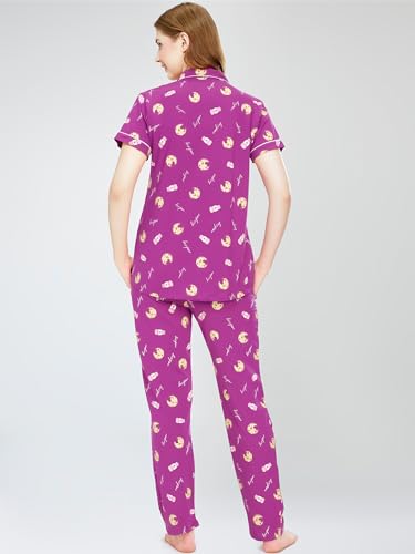 Image of ZEYO Night Suit for Women's Cookies & Cup Printed Cotton Night Dress of Shirt and Pajama Set 5752
