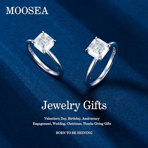 MOOSEA Moissanite Rings for Women, 2ct D Color VVS1 Clarity Asscher Cut Solitaire Lab Created Moissanite Ring 14K White Gold Vermeil 925 Sterling Silver Moissanite Engagement Rings for Women Size 4-113