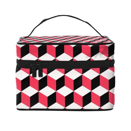 Trousse organizer per trucchi grande colorata con stampa di pietre da viaggio con cerniera per donne e truccatori borsa quadrata portatile 3D Rosso A Scacchi Taglia unica
