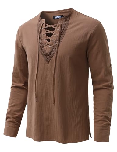 Image of JOGAL Mens Renaissance Shirt Medieval Pirate Viking Halloween Costume Gothic Steampunk Retro Long Sleeve Lace Up Shirts