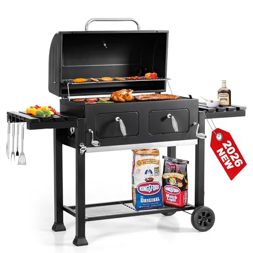 Image of 34-Inch Barrel Charcoal Grill with Side Tables, 794 Square Inches Cooking Space, Large Charcoal BBQ Grill with 2 Height-Adjustable Charcoal Pans for Outdoor Backyard Patio Picnic Parties Camping