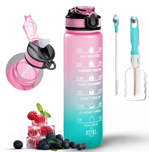 Water Bottle 1000ml Sports Water Bottle with Motivational Time Marker & Straw, Dishwasher Safe Leak-proof Drink Bottle BPA Free Non-Toxic Tritan Material 1 Click Open for Running Gym (Blue Gradient)