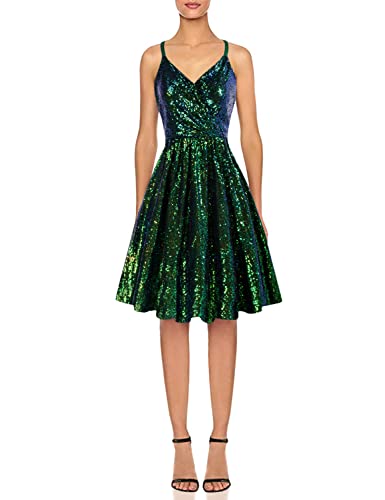 GRACE KARIN Spaghetti Strap Sequins Cocktail Party Dress Knee Length Dark Green Size M