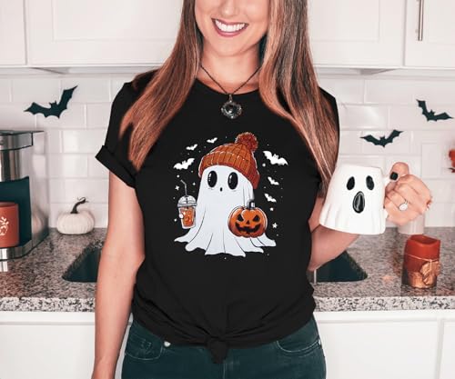 Halloween Shirts for Women Cute Ghost Shirt Fall Pumpkin Tshirt Coffee Lover Graphic Tees Casual Short Sleeve Tops — view 3