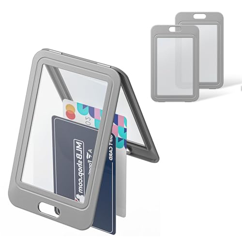 Uniclife 3 Pack ID Badge Holder with Double-Sided Windows Vertical Hard Plastic Case Grey Card Protector Pouch for Office School ID Credit Cards Proximity Key Cards Driver’s Licenses and Passes