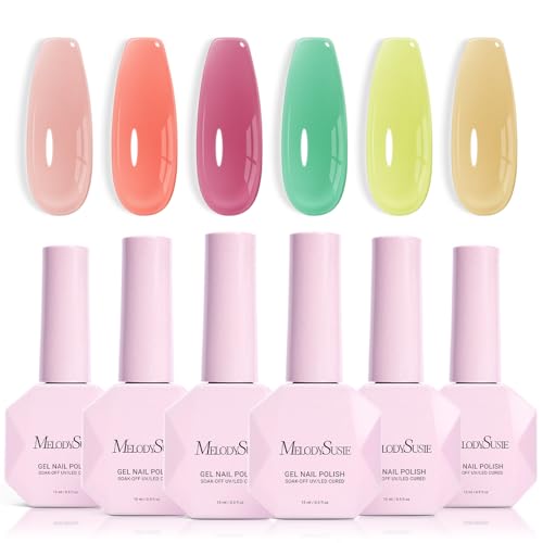 Image of MelodySusie Jelly Gel Nail Polish Set,6 Transparent Colors,Milky or Jelly Texture,Soft Candy Colors Soak Off UV LED Light Cure or Salon Manicure and Nail Art DIY at Home 15ML 0.3Fl Oz