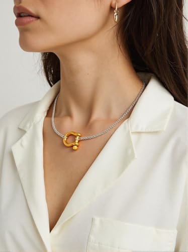 18K Gold Plated Buckle Necklace with Heavy Screw Anchor Shackle Wheat Chain Two Tone Carabiner 17.7 Inch Stainless Steel Foxtail Chain4