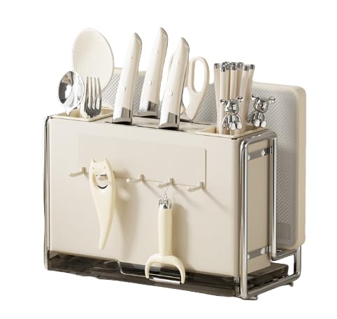 Xemuar 包丁ラック まな板 鍋蓋 箸収納ラック 家庭用多機能包丁・箸ケージラック カウンタートップモデル【マグネットフックプレート】クリーミーホワイト (カウンタートップモデル【マグネットフックプレート】,クリーミーホワイト)