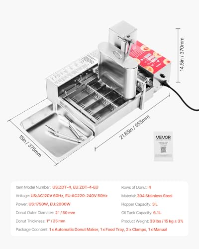 Image of VEVOR Commercial Automatic Donuts Machine, 4 Rows Donuts Making Equipment, 240 pcs /hour Electric High Power Doughnut Maker, Stainless Steel Frying Auto Fryer, with Intelligent Control