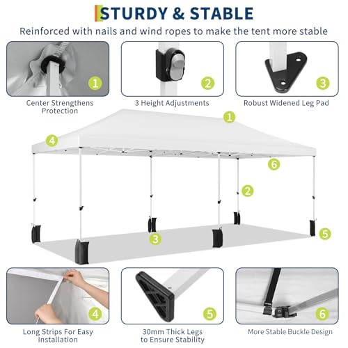10x20 Pop Up Canopy, Commercial Heavy Duty Canopy Tents for Parties with Roller Bag, 10x20 Tents with 6 Removable Sidewalls, Upgraded Thickened Legs, 6 Sand Bags, White
