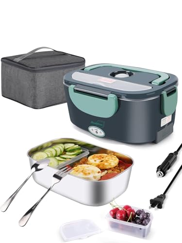 DGS TRADING Electric Lunch Box 80W Food Heater for Adults, 240V Portable Lunch Warmer for Car/Truck/Office, Includes SS Fork & Spoon, Insulated Carry Bag (Green)