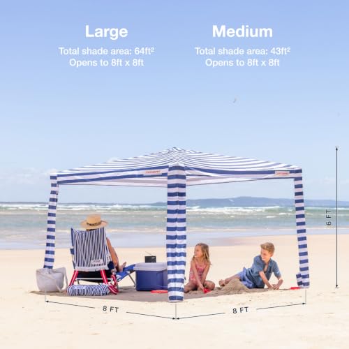 Image of CoolCabana Beach Shade Tent - Easy Setup, UPF 50+ Protection, Large & Medium Sizes, Compact & Wind Resistant - Beach Cabana for The Whole Family - Navy Stripes, Medium